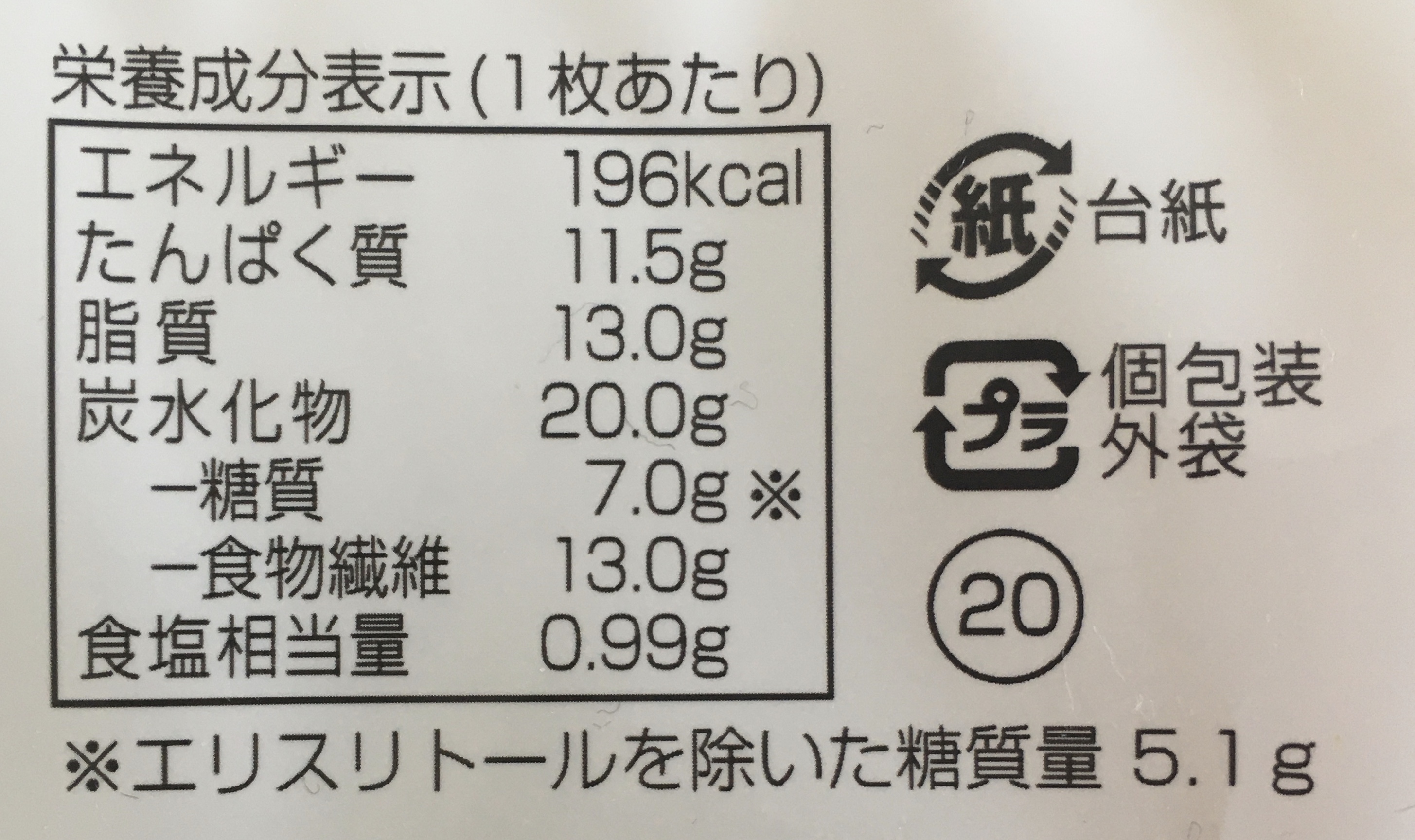 シャトレーゼの糖質83%カットのピザ マルゲリータの栄養成分表示